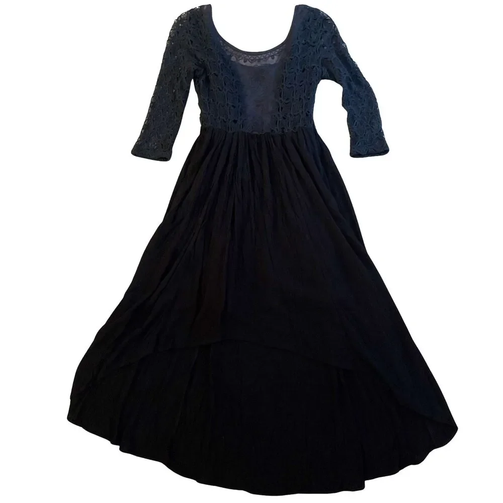Free People Lonesome Dove Midi Dress Size 6 Black Crochet Knit Lace Whimsigoth